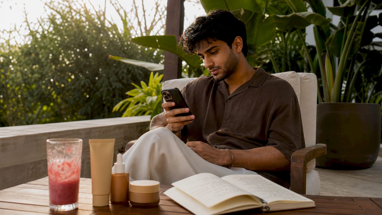 Influencer reviewing social media engagement at home