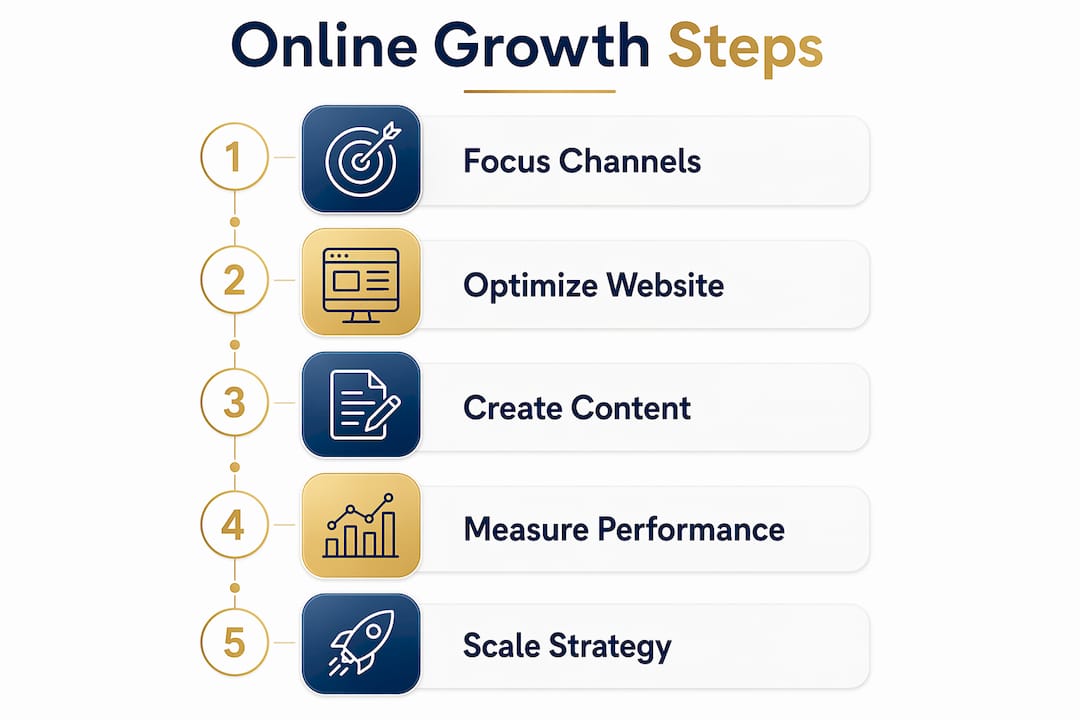 Infographic illustrating steps for online business growth