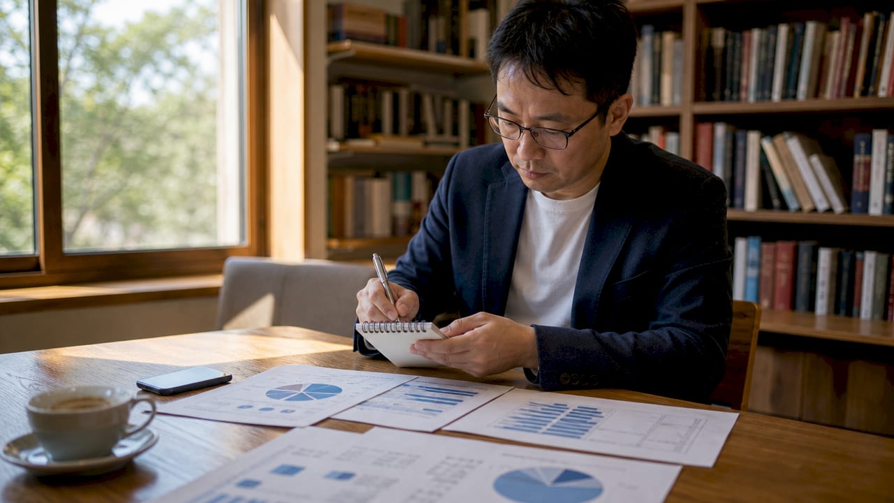 Small business owner analyzing social media notes