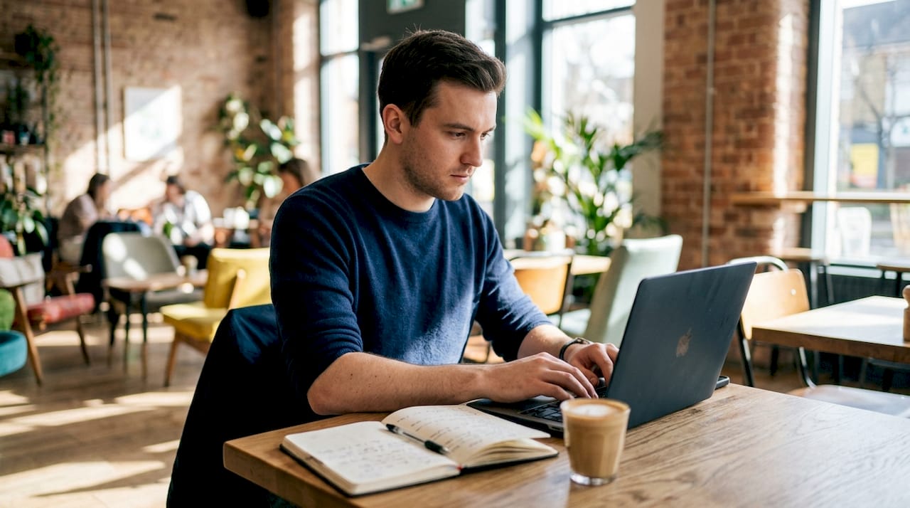 Marketer typing SEO content on laptop