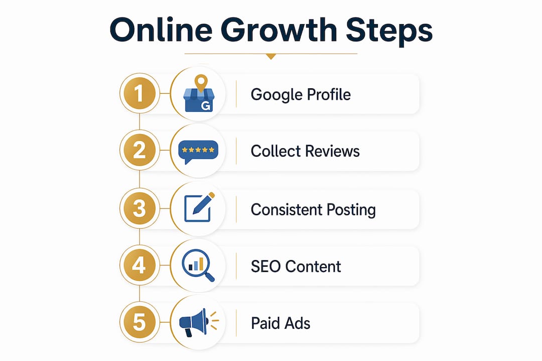 Infographic illustrating steps to grow business online