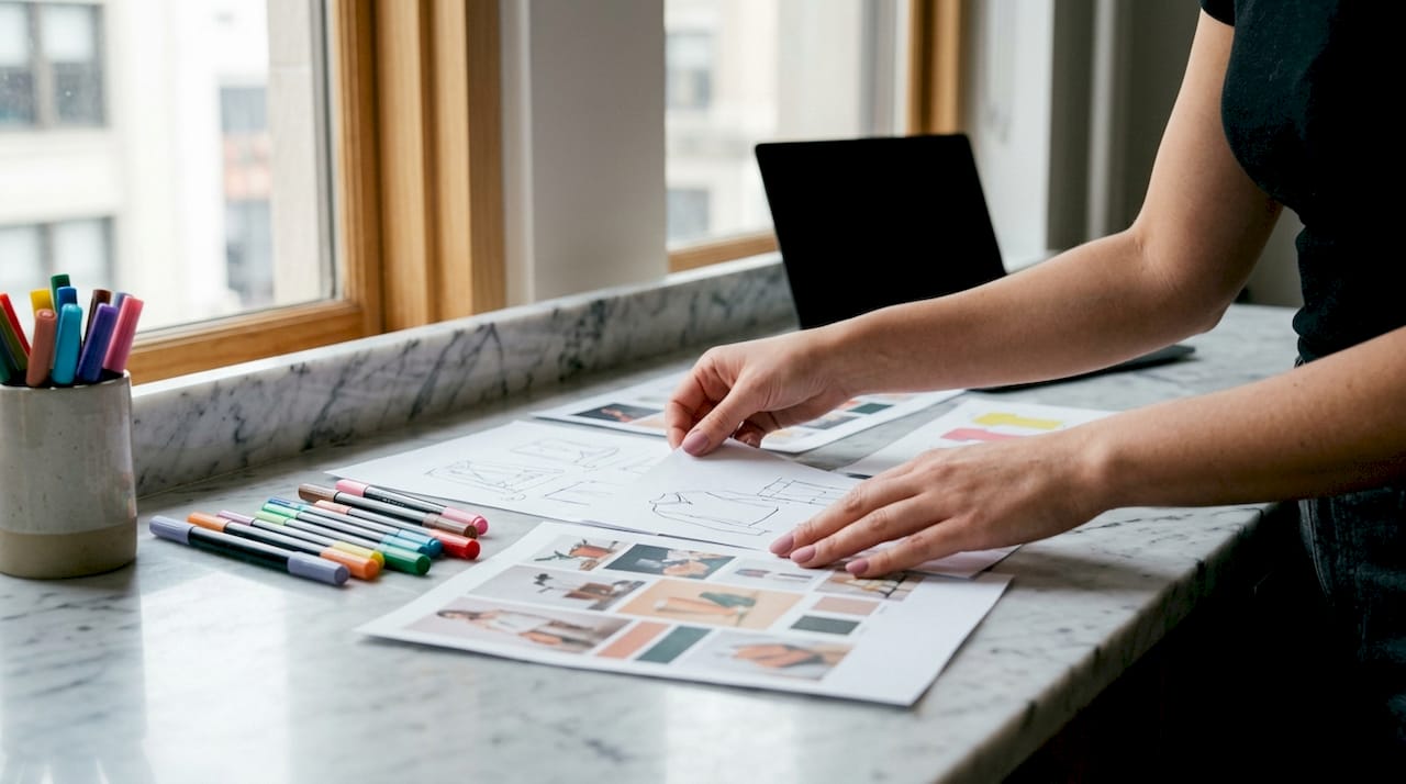 Hands arranging branding colors and logos