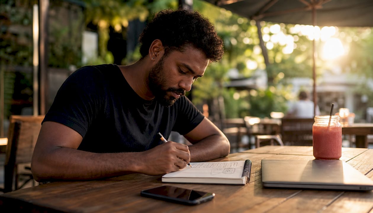 Creative sketching social media ads in café