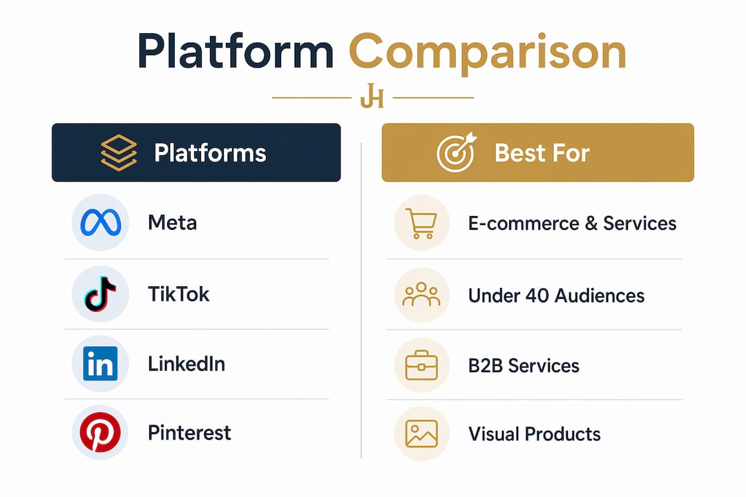Infographic comparing social media ad platforms and uses