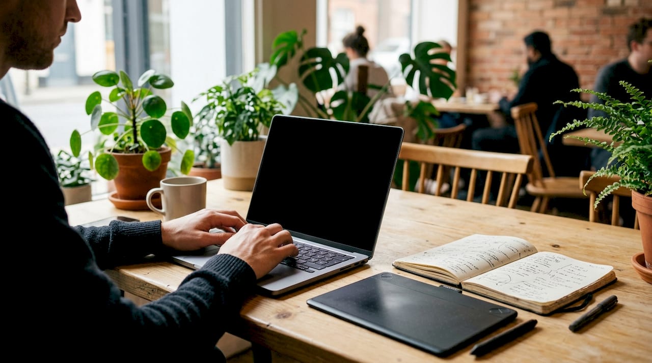 Hands typing on laptop in digital content creation workflow