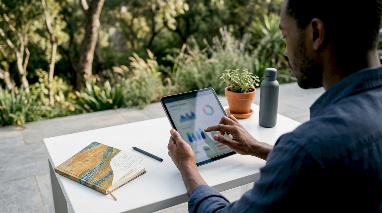 Hands navigating social media analytics on tablet