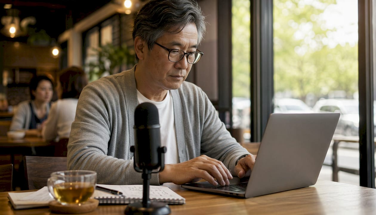 Hands editing podcast clips on laptop