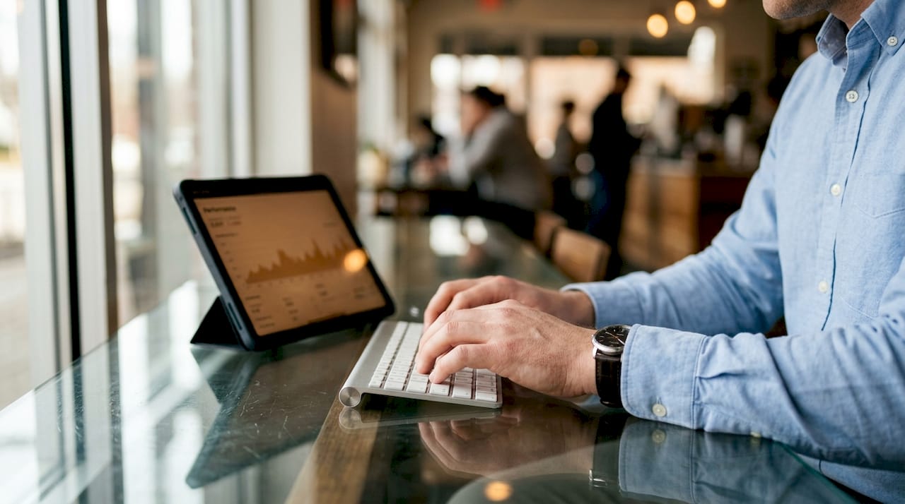 Hands typing with SEO charts on desk