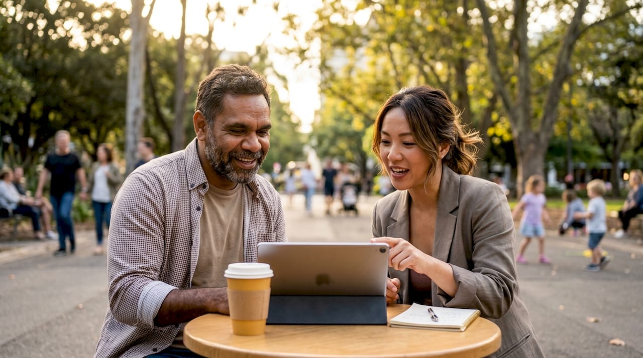 Business partners discuss social media marketing