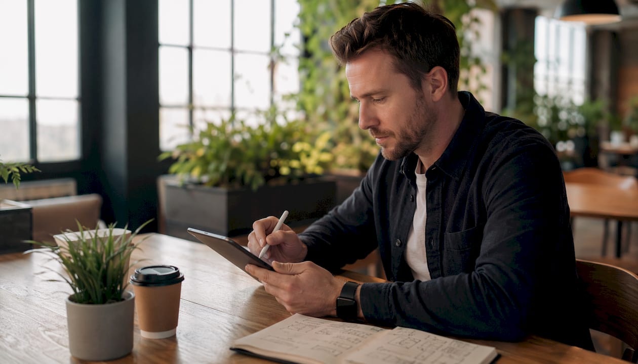 Agent analyzing social media video ad data in café