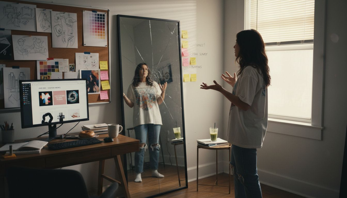 Designer practicing self-introduction in studio