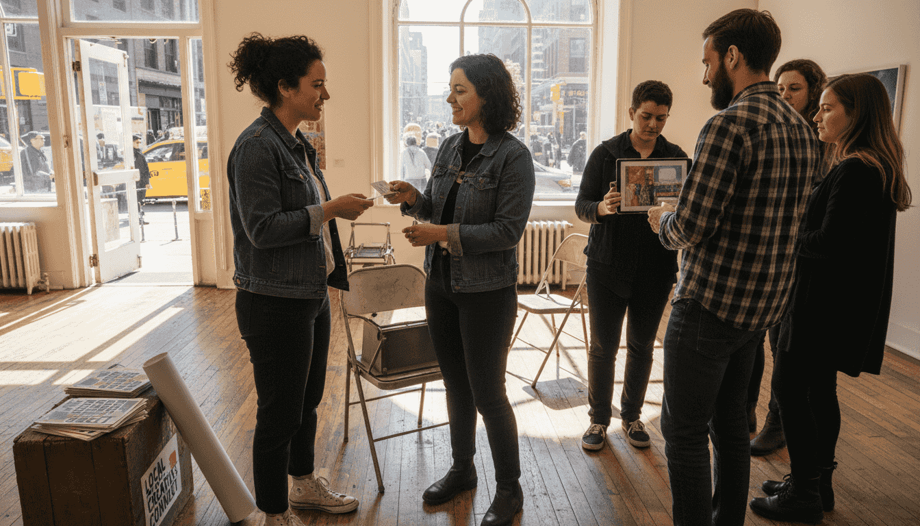 Artists meeting at networking gallery setting