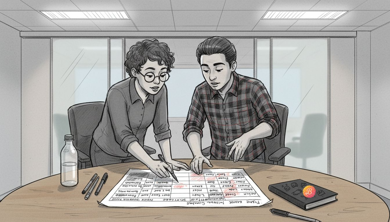 Colleagues reviewing responsibility matrix chart