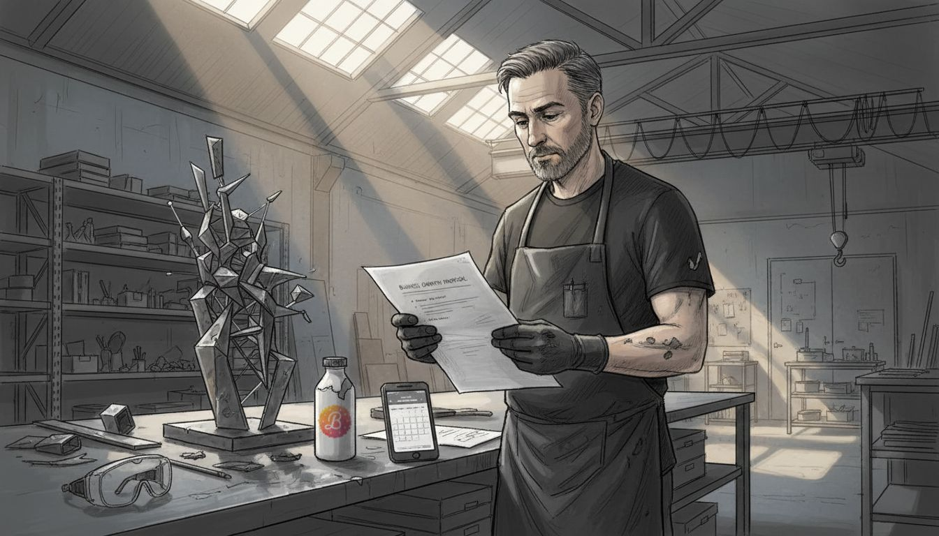 Sculptor assessing business strategy in studio