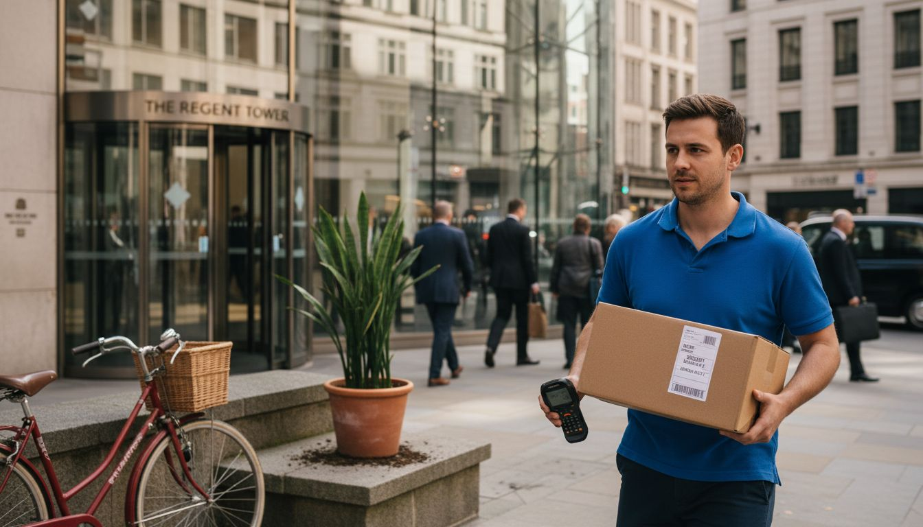 Courier arrives with urgent parcel at UK office
