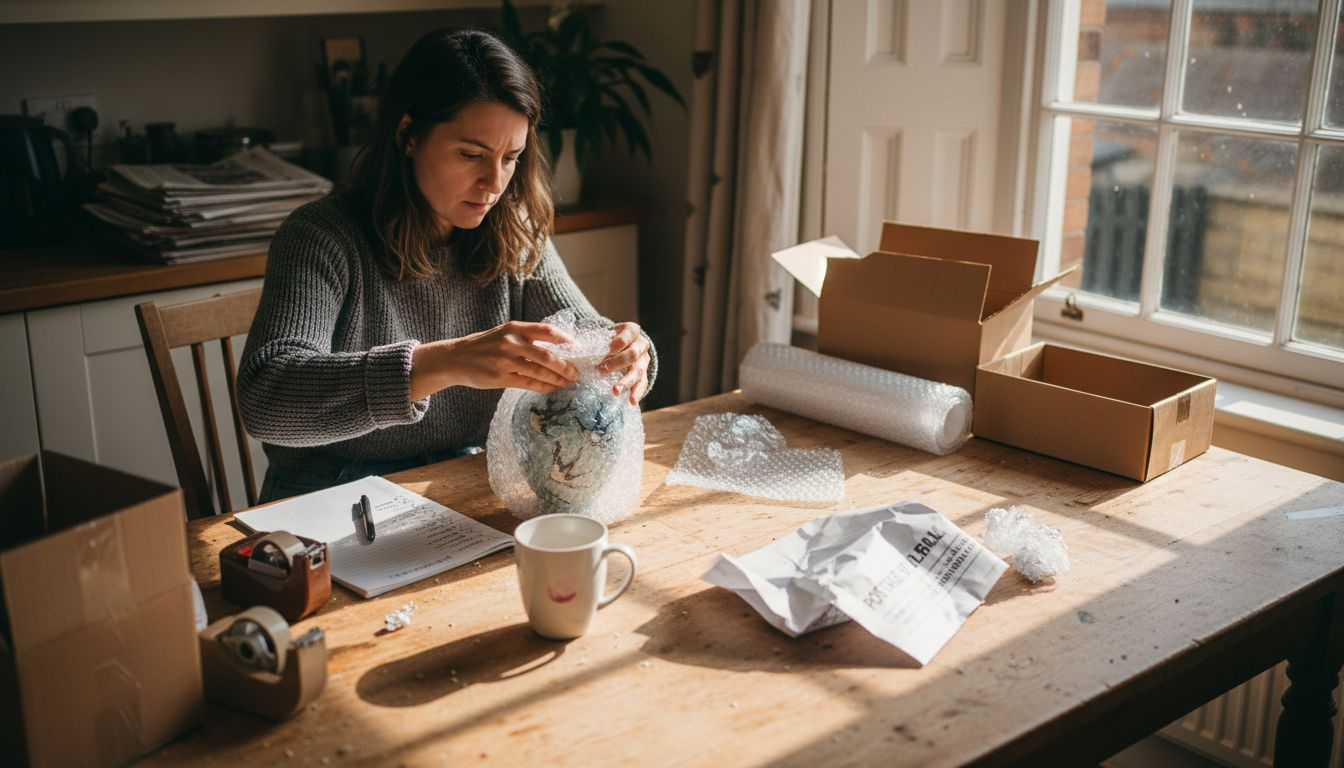 Woman carefully packs fragile item for courier