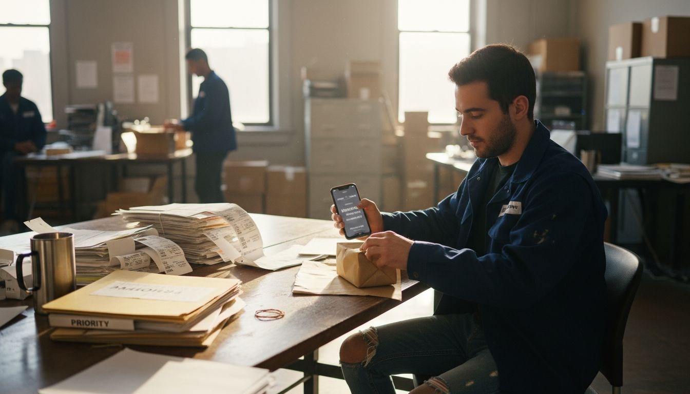 Courier packing urgent parcel in office