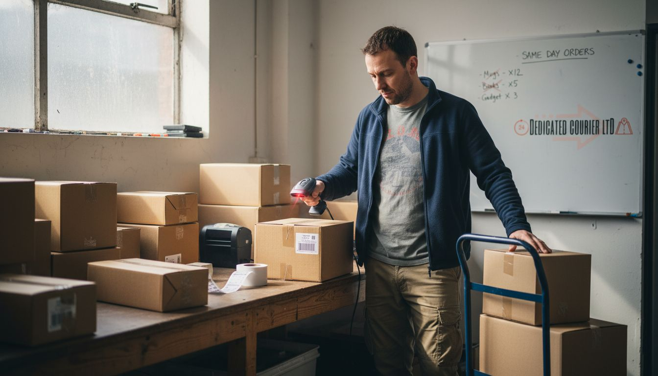 E-commerce manager scanning outgoing packages in UK warehouse