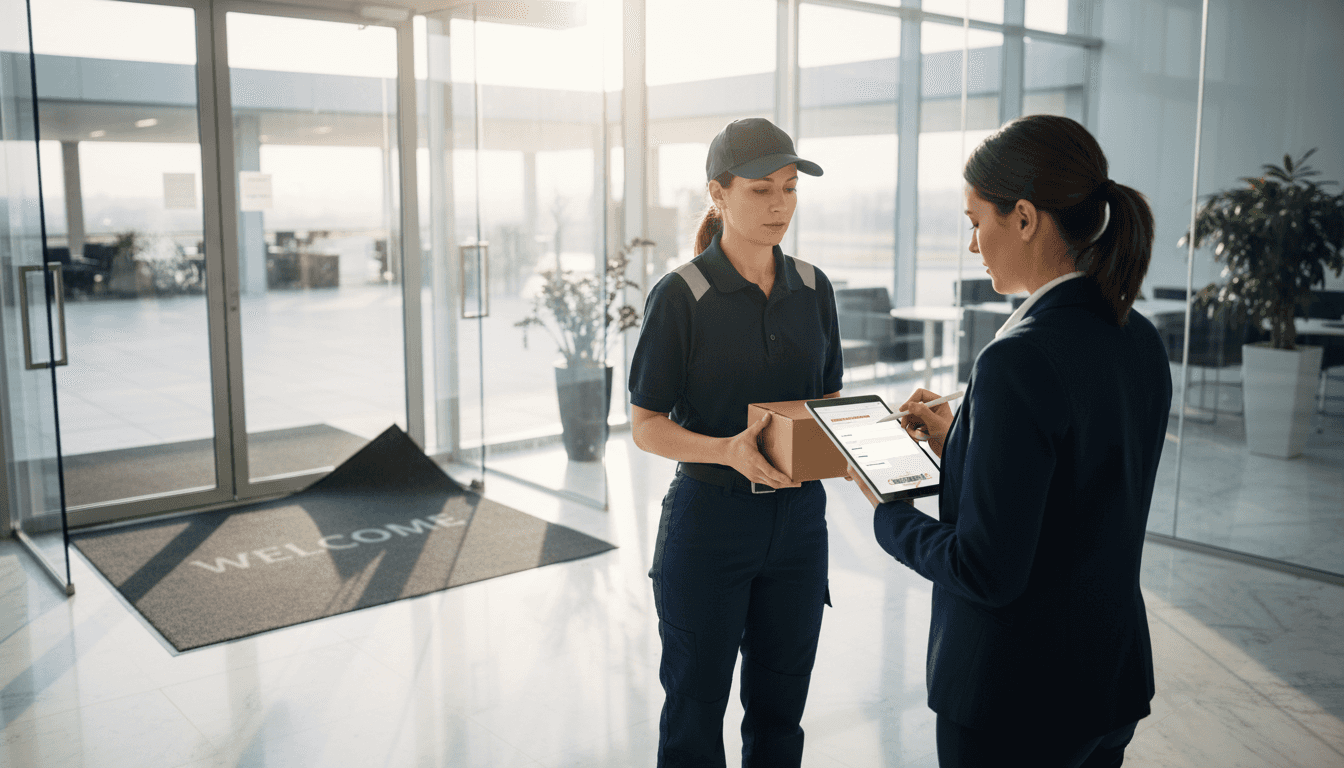 Courier delivering package to receptionist lobby