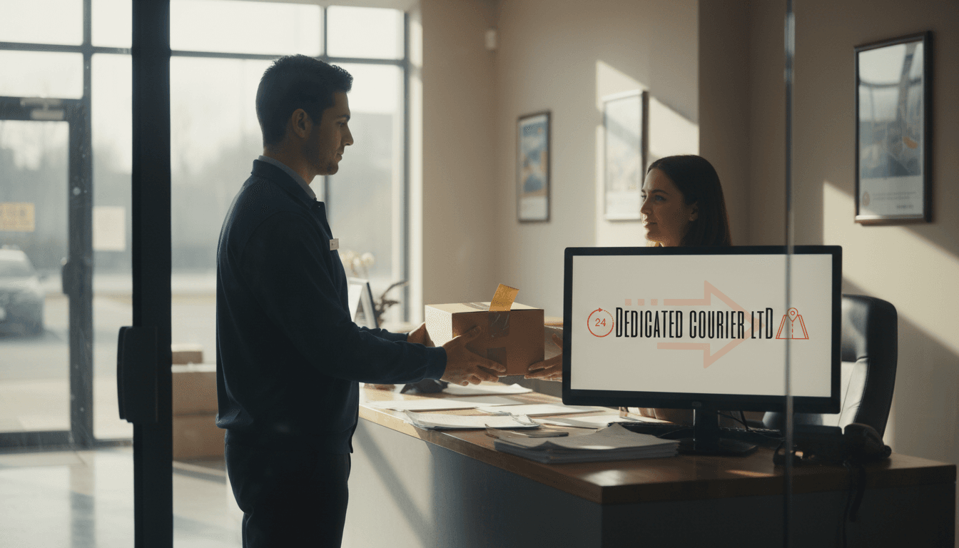 Courier handing package to receptionist at office