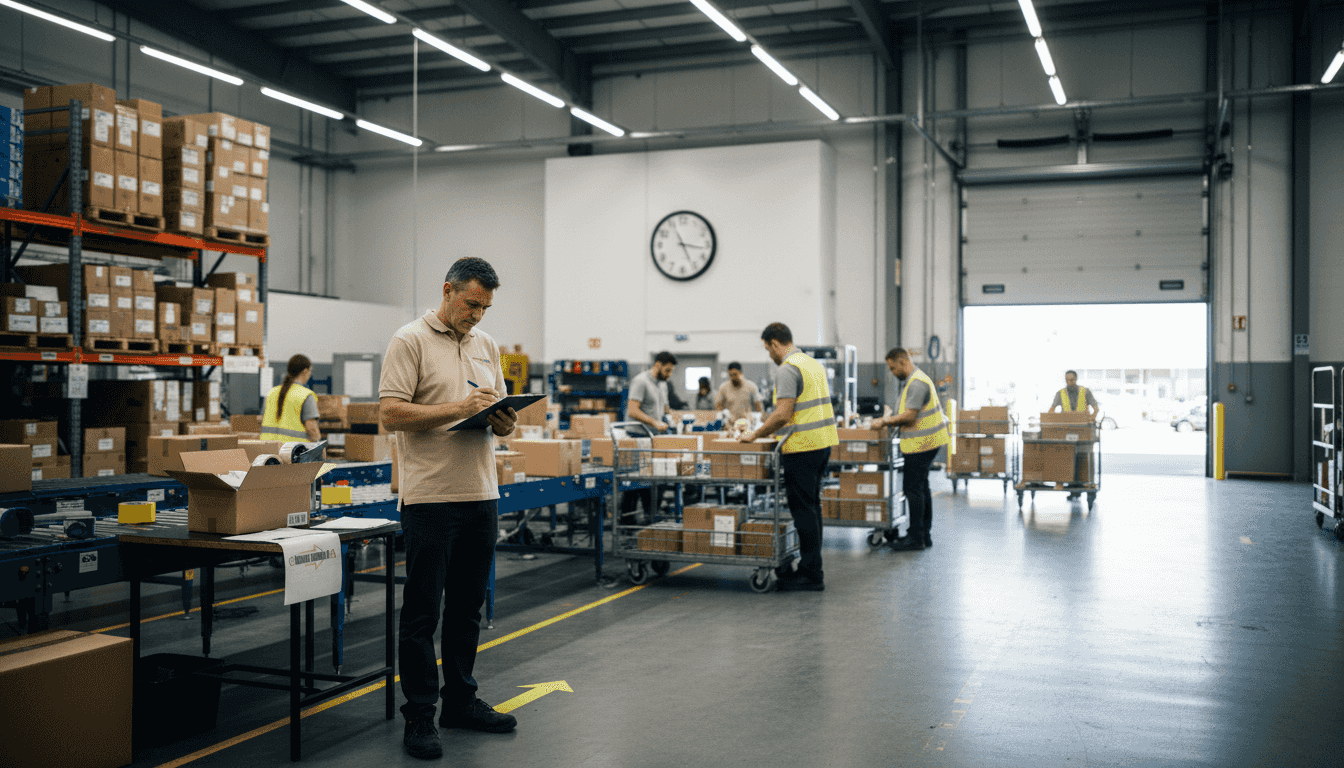 Warehouse supervisor checks clipboard at packing area