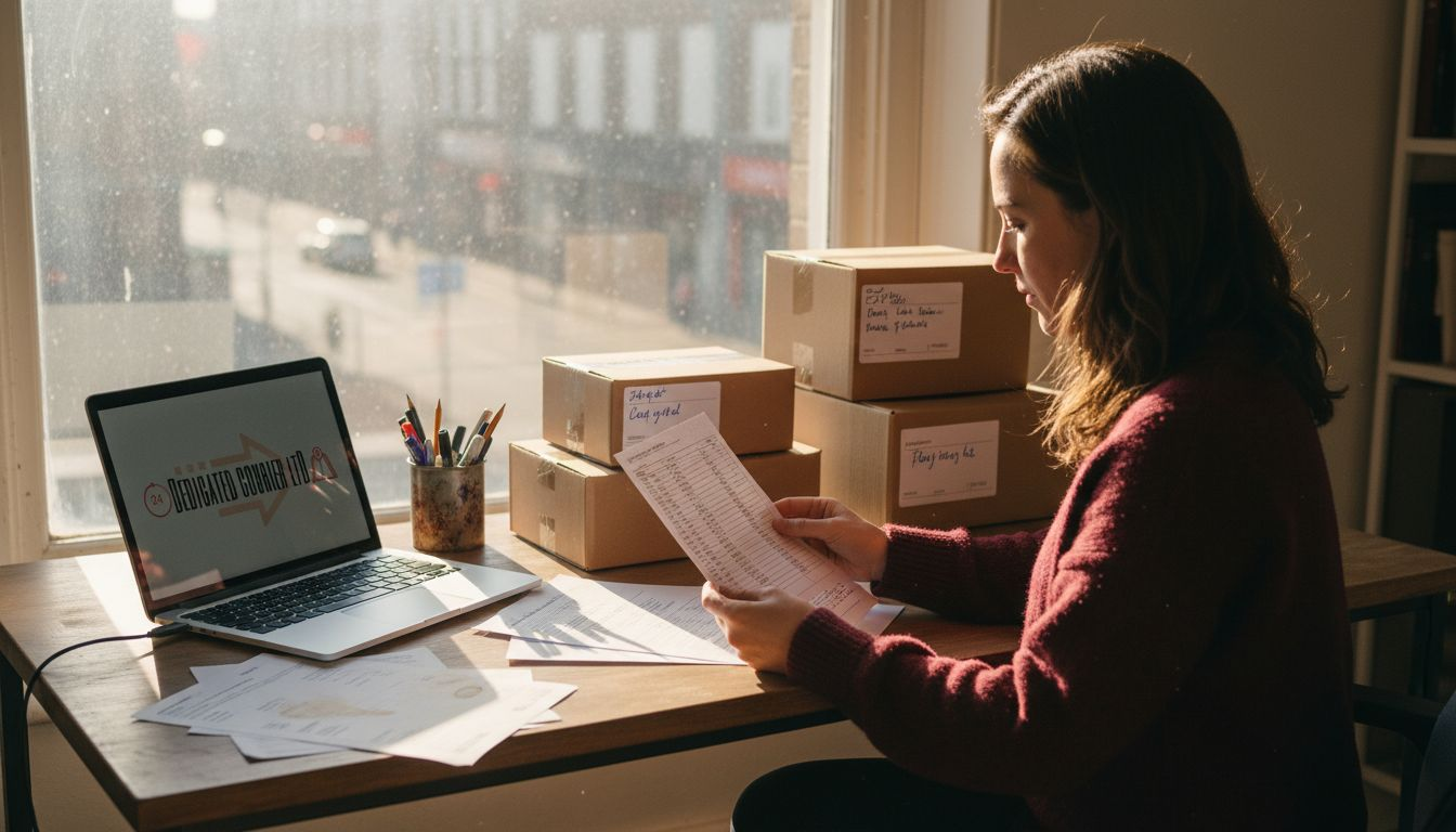 Small business owner checking courier checklist with parcels