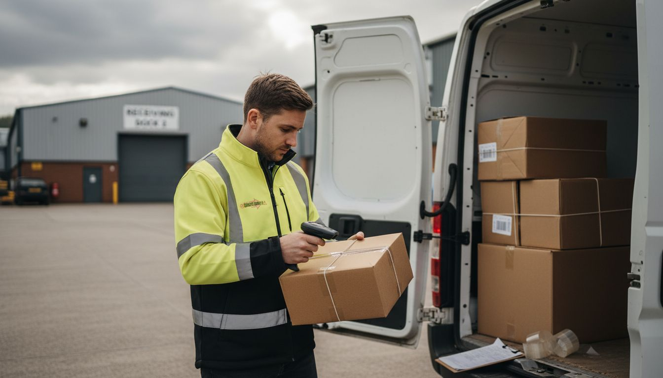 Courier scanning parcel at UK warehouse