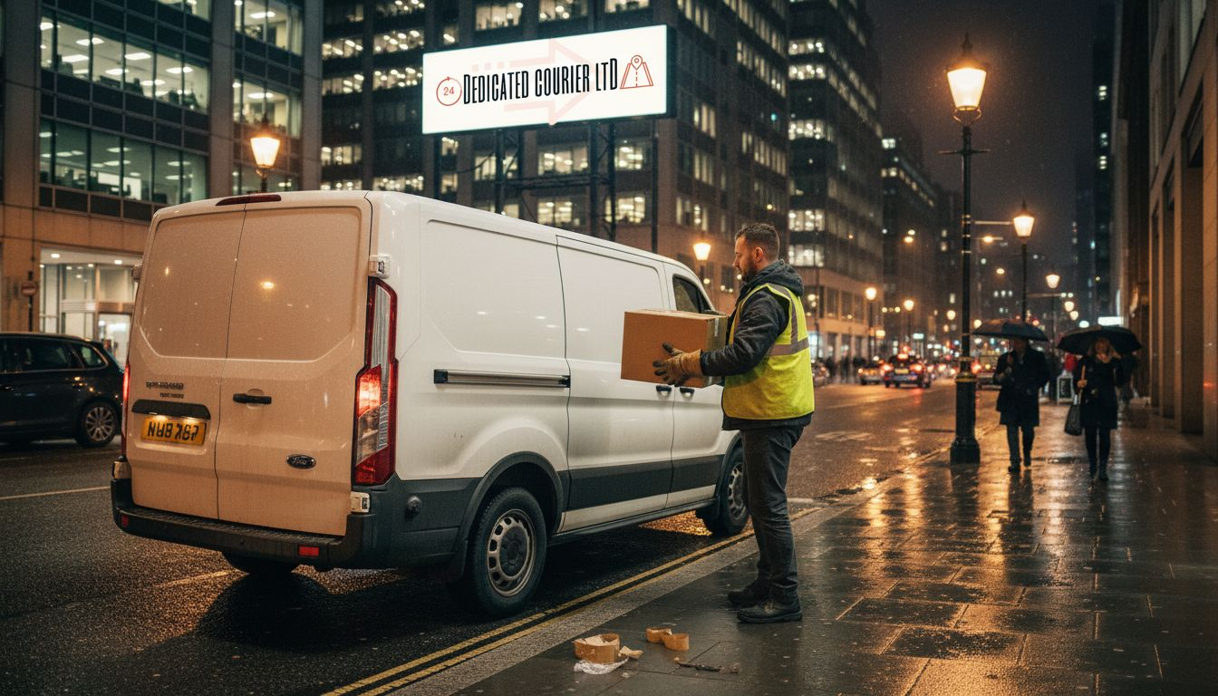 Courier loading parcel into van late night