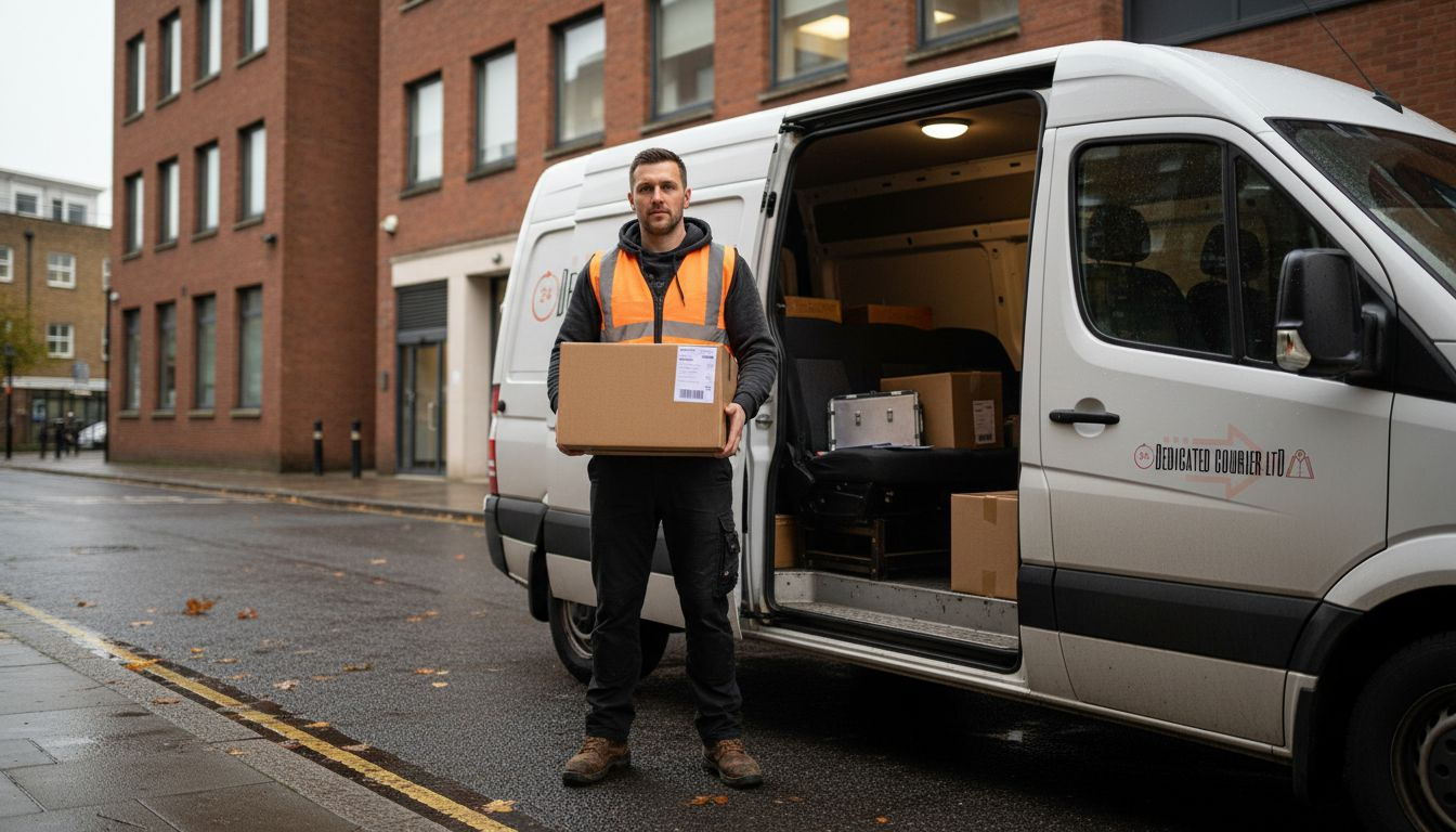 Courier delivering parcel at UK office entrance