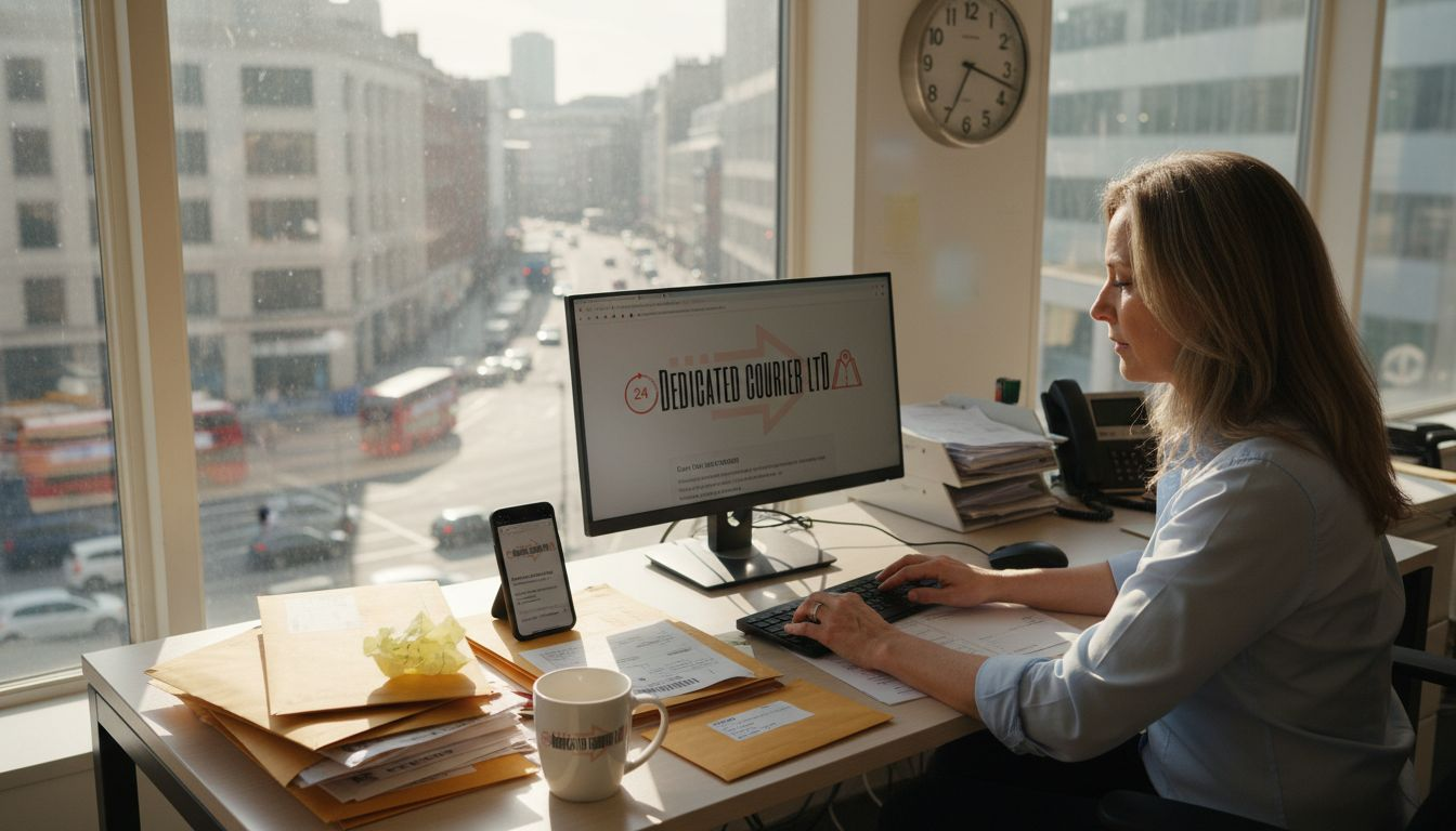 Office manager booking courier at cluttered desk