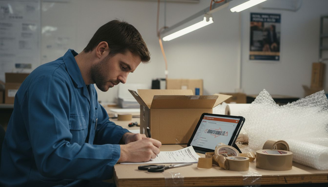 Worker declaring parcel details at table