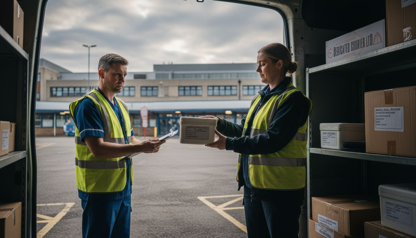 Courier delivering urgent parcel to hospital nurse