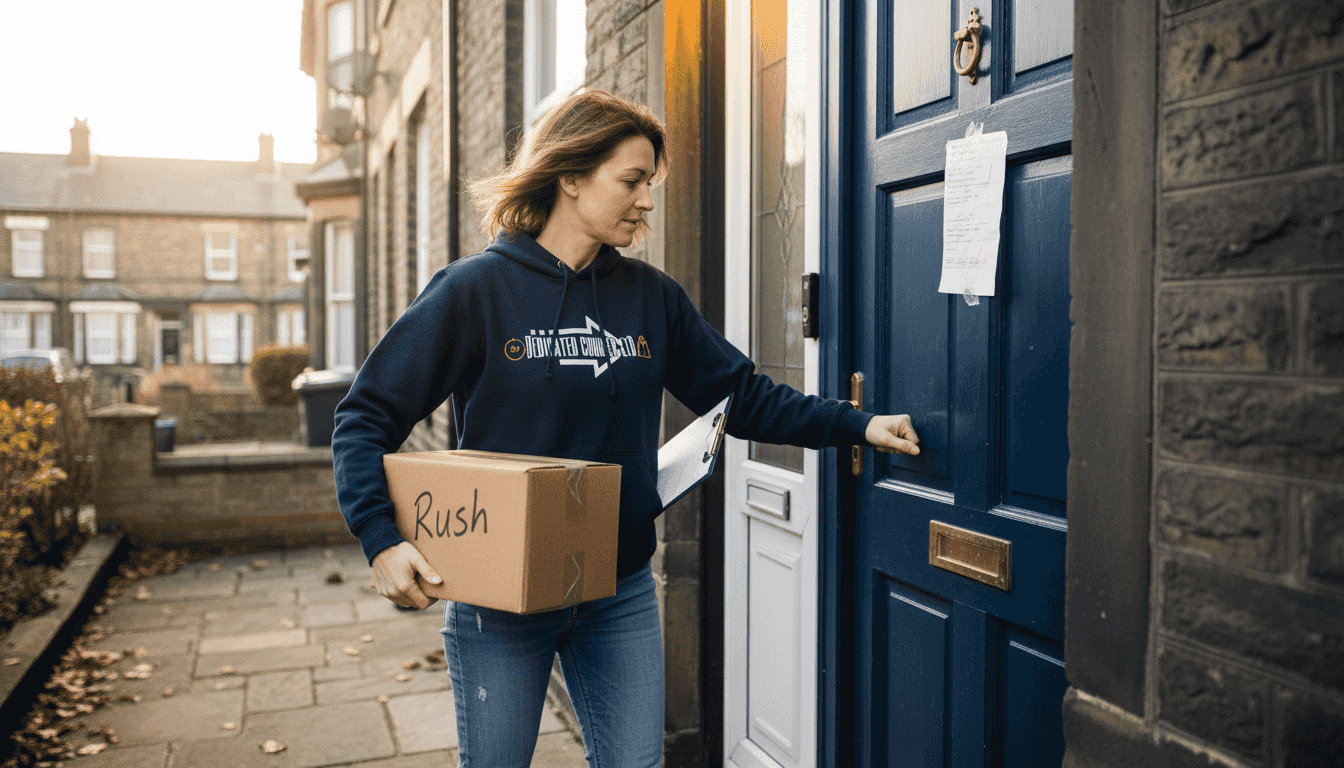 Courier delivering parcel at house door
