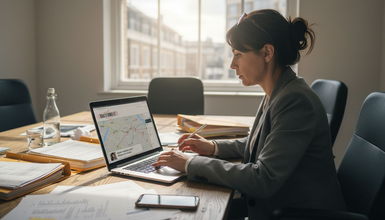 Woman checks courier tracking at office