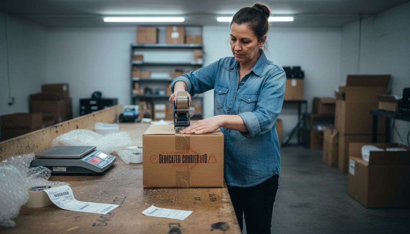 Woman packing parcel at cluttered station