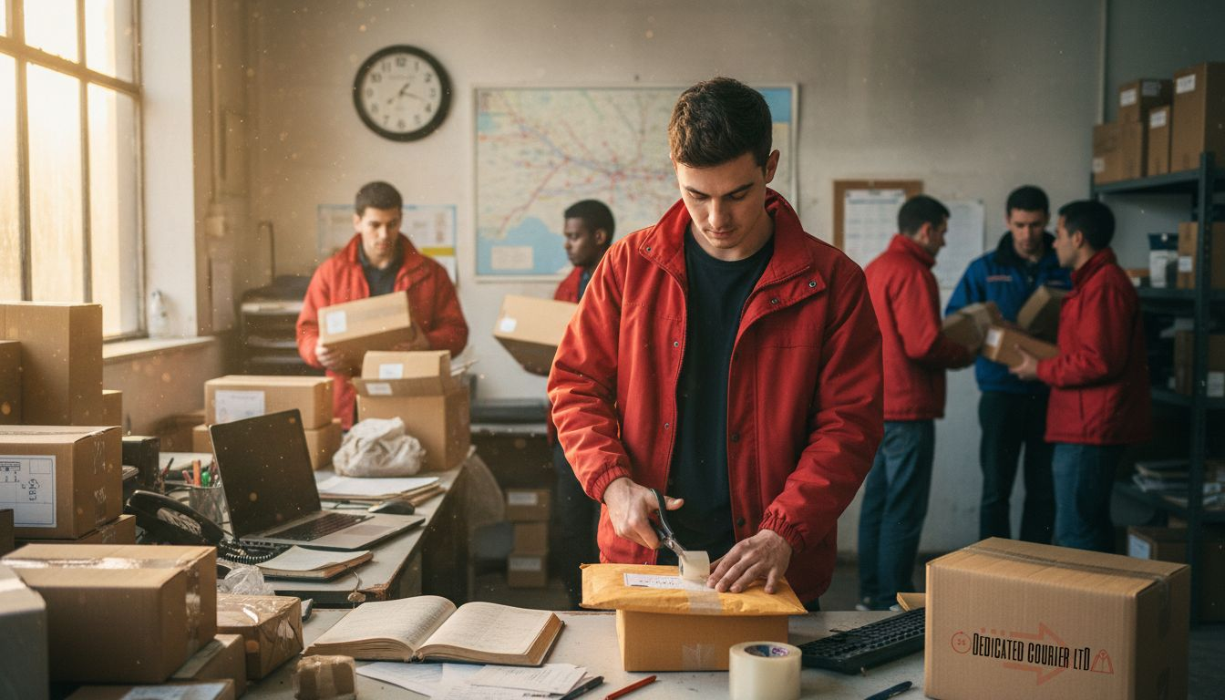 UK courier office with documents and parcels