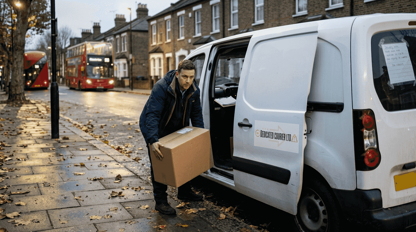 Courier delivering parcel from van in London