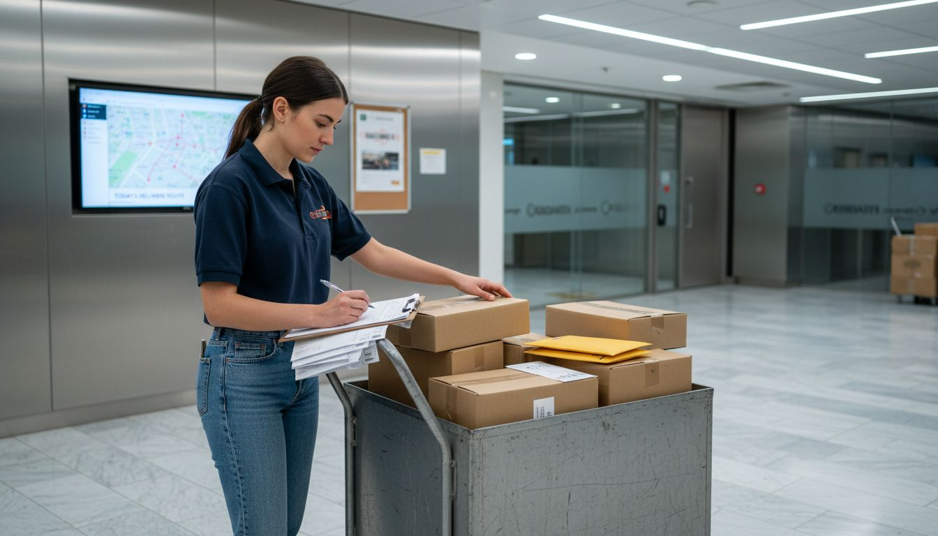 Courier sorting packages in office lobby