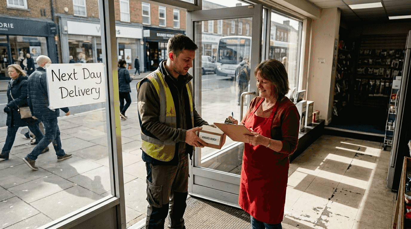Courier delivering package to shop owner outside store