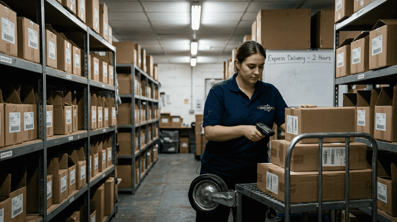 Worker scanning packages in retail warehouse