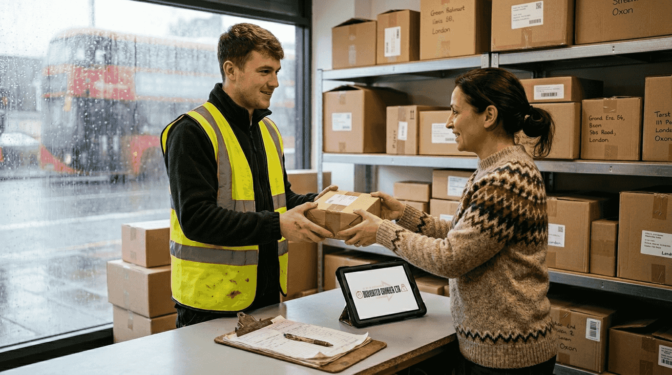 Courier collecting parcel from business owner