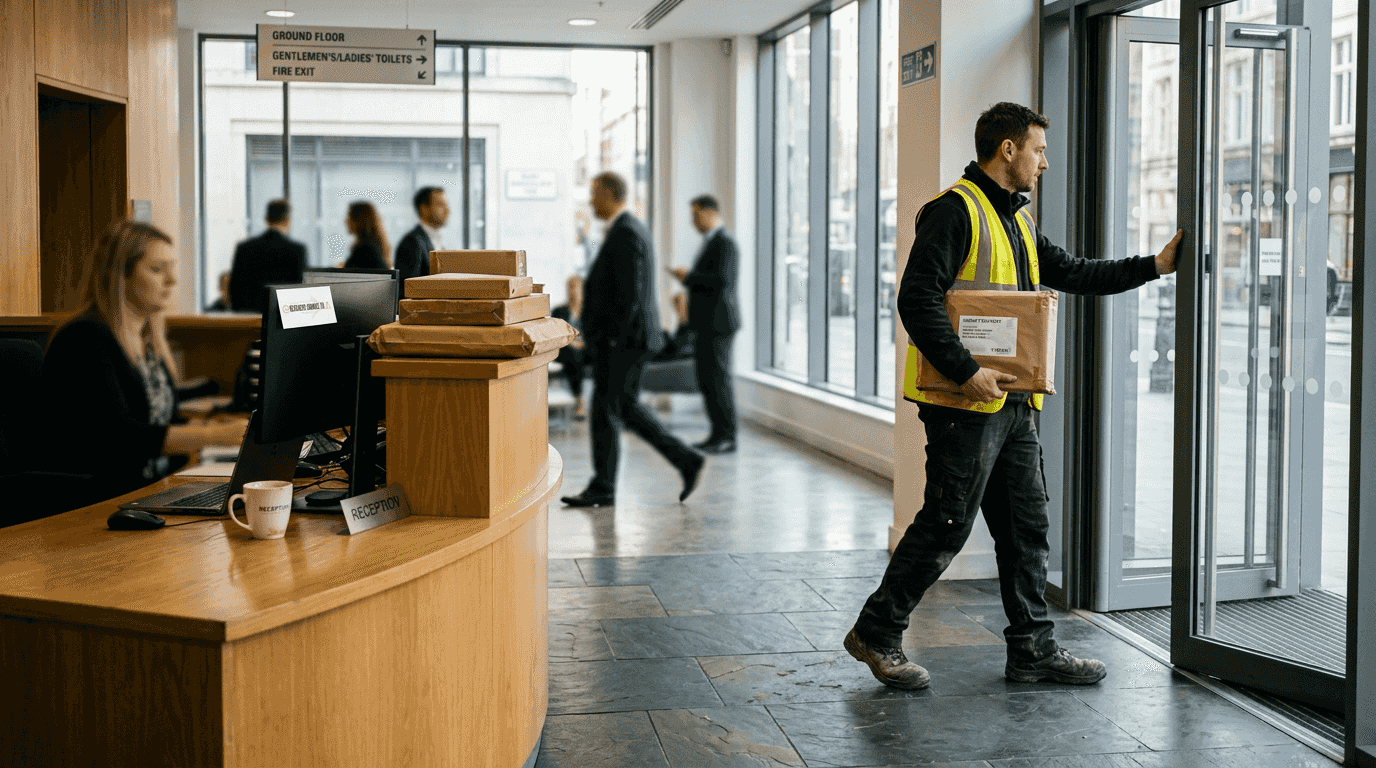 Courier brings urgent package into office lobby