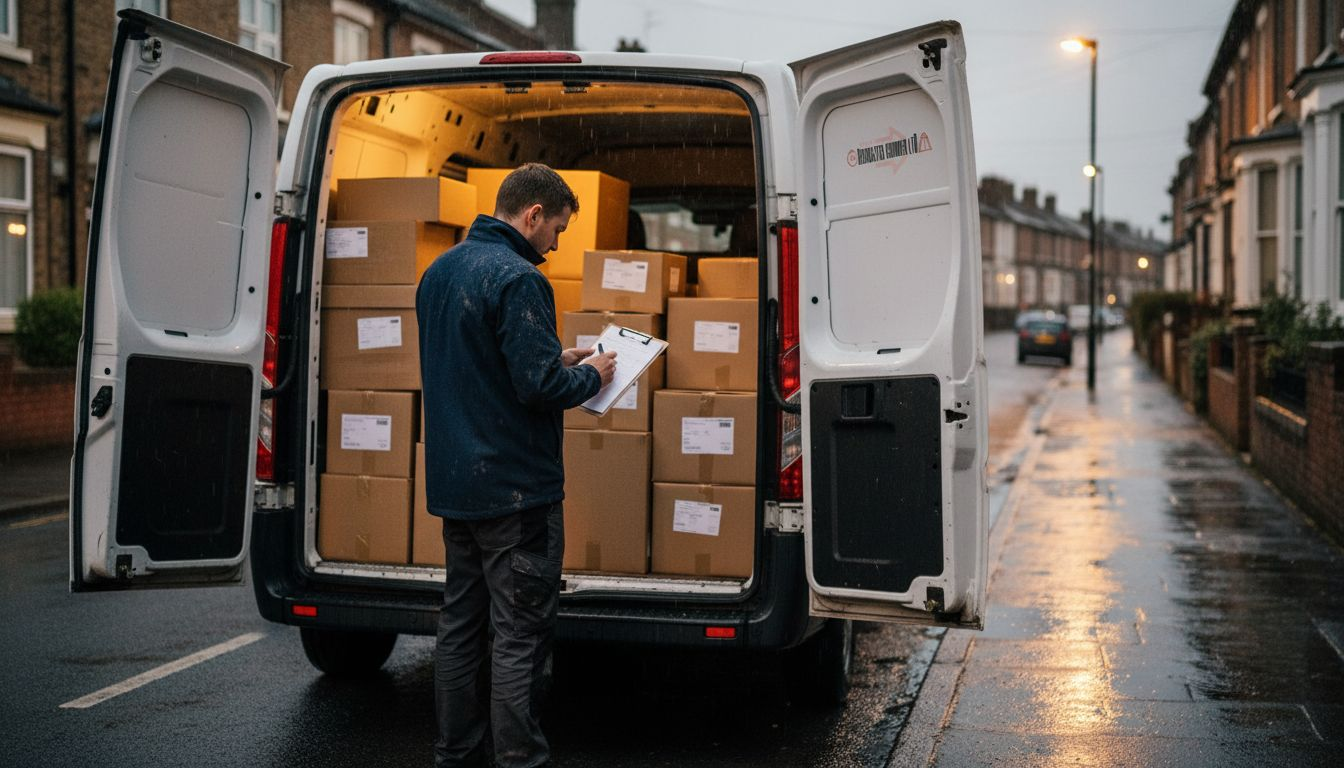 Driver loads parcels into courier van in rain