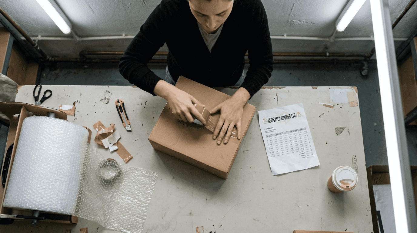 Person secures parcel with tape and bubble wrap