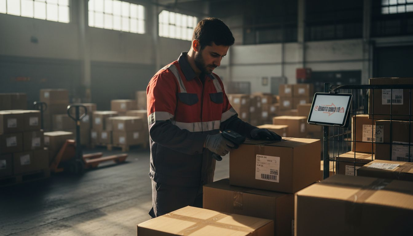 Courier scans urgent parcels in warehouse