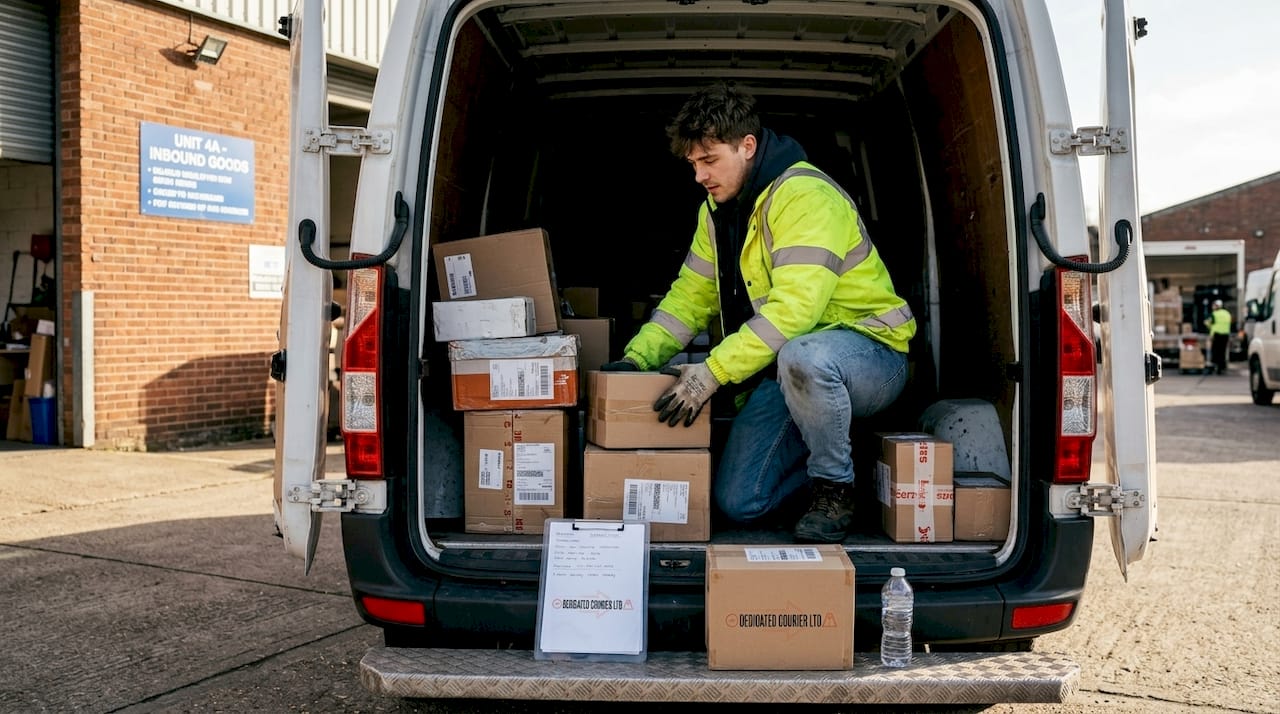 Courier sorting urgent parcels at UK warehouse