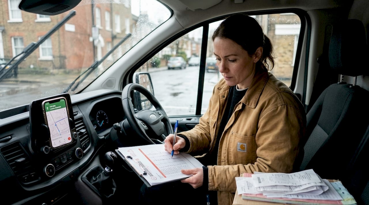 Courier reviewing manifest in UK delivery van