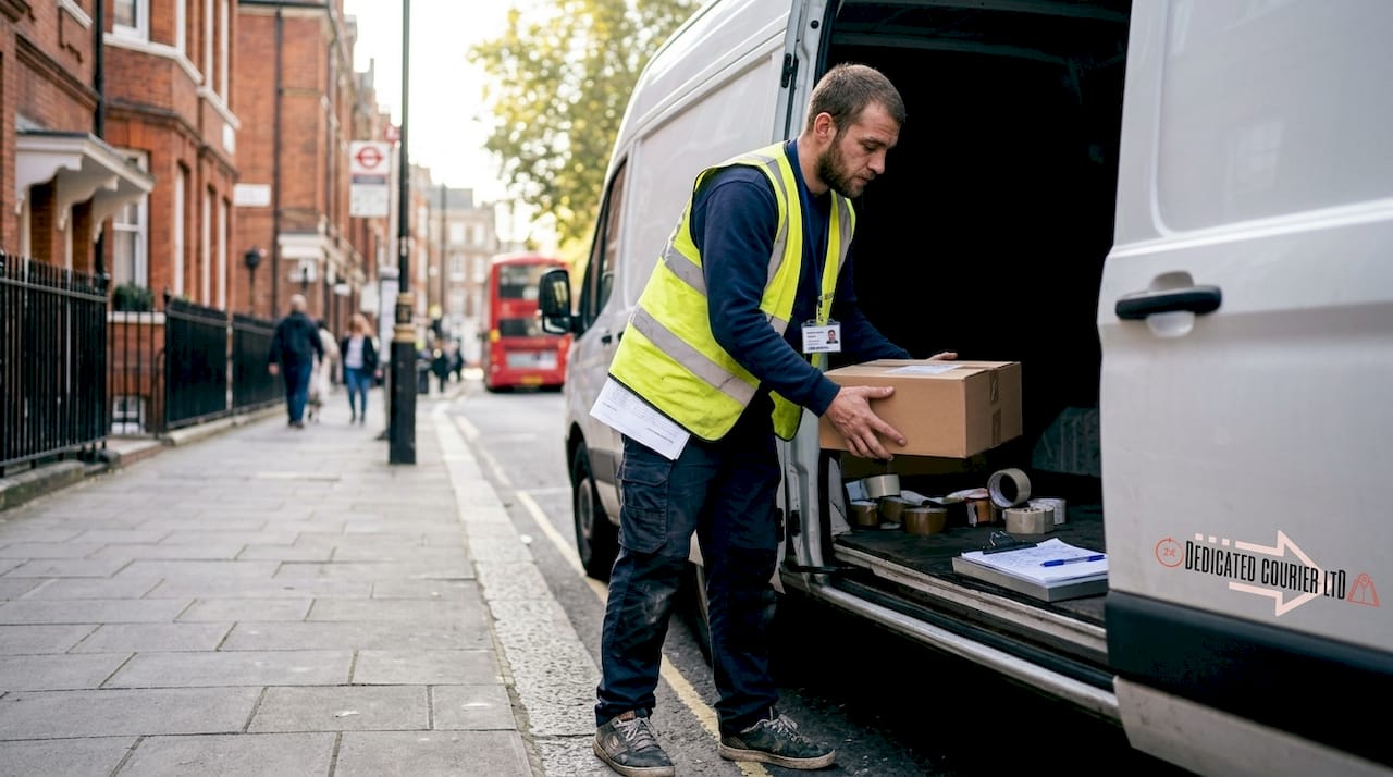 Courier loading secure parcel into van