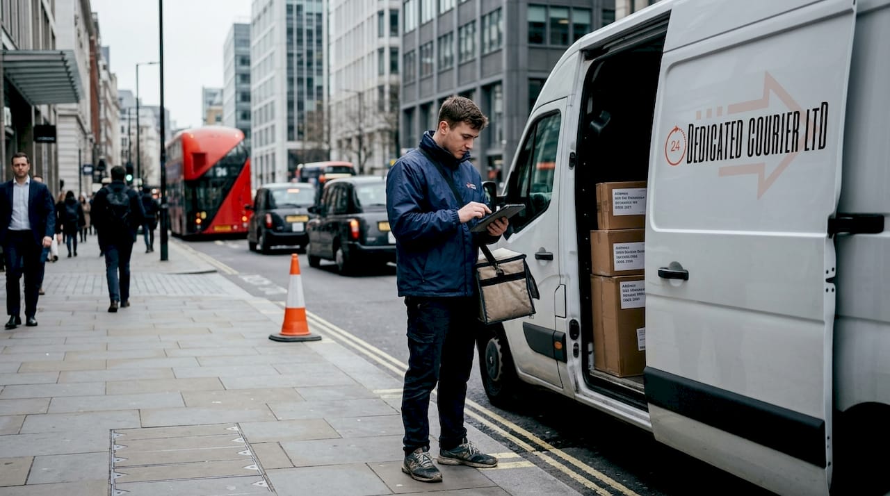 Courier scanning tablet beside delivery van