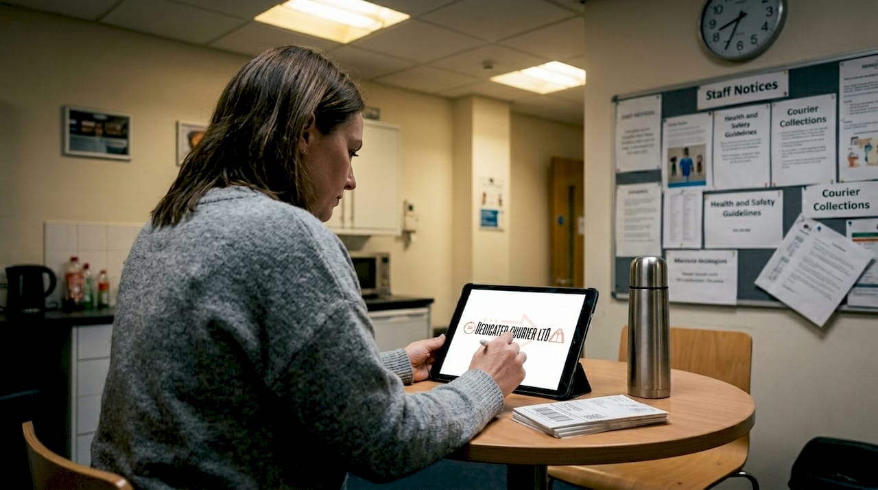 Office worker scheduling courier pickup in evening